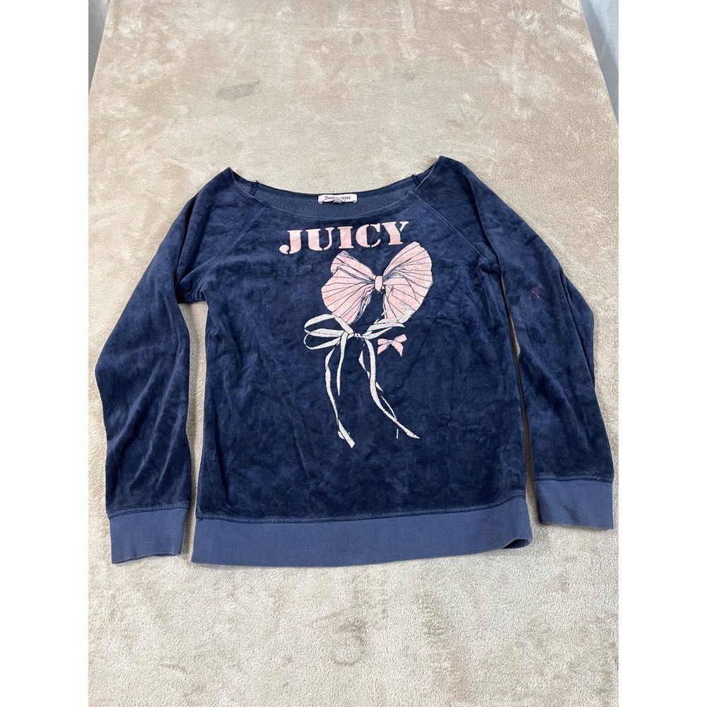 VTG Juicy Couture Velour Off Shoulder Bow Top Womens M Navy Blue Cotton L/S GOOD